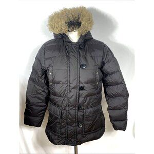 Lands' End Down Puffer Jacket Coat Brown Women Sz S 6-8 Zip Faux Fur Trim